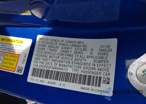 2024 Honda Civic Sport z USA, uszkodzony, nr VIN 2HGFE2F59RH544131